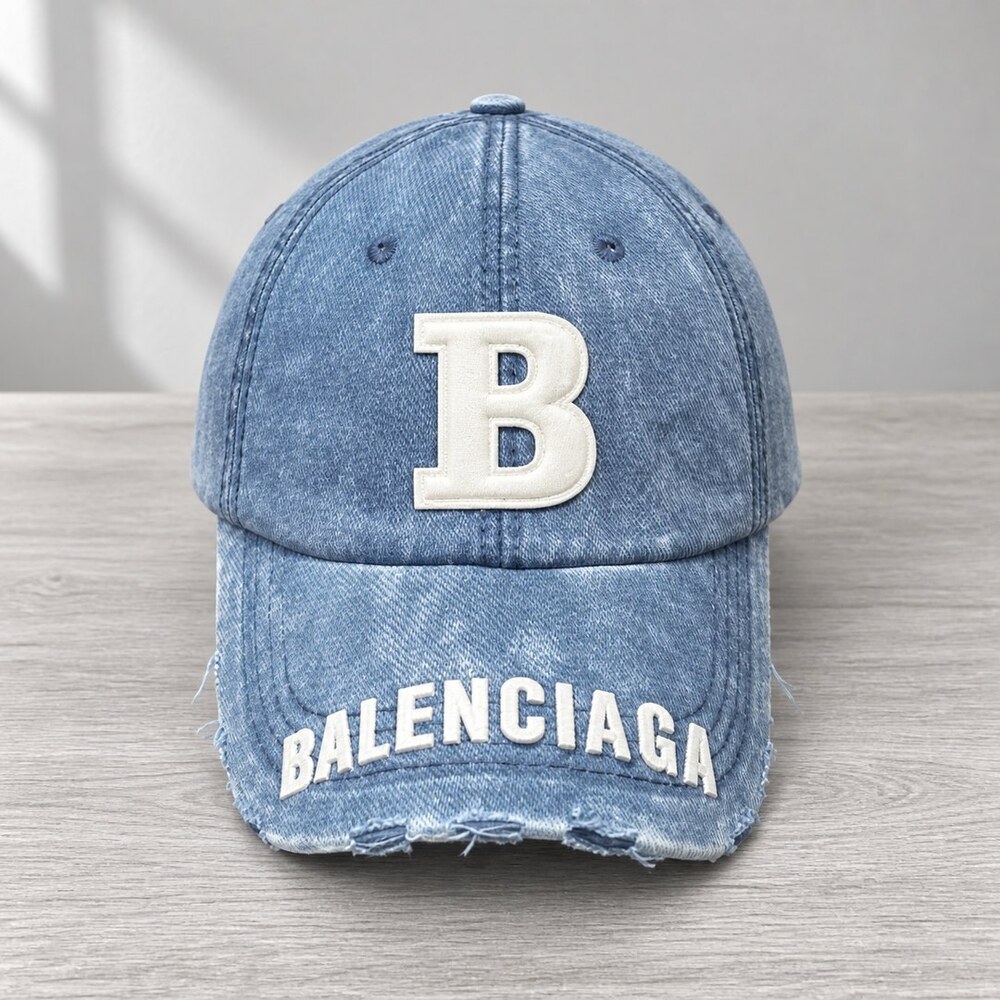 Balenciaga Blue Distressed Denim Cap